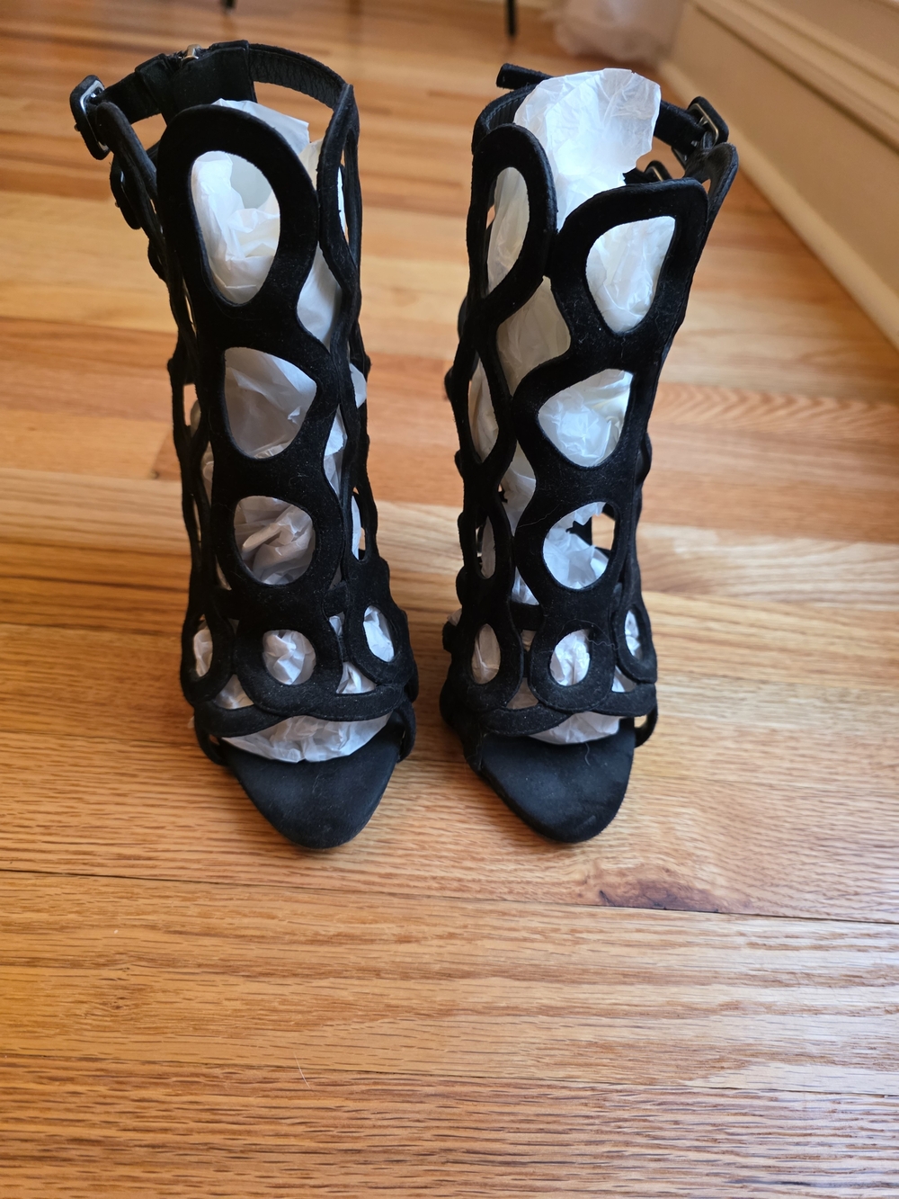 Giuseppe Zanotti Black Suede Cutout Cage Heels 38.5